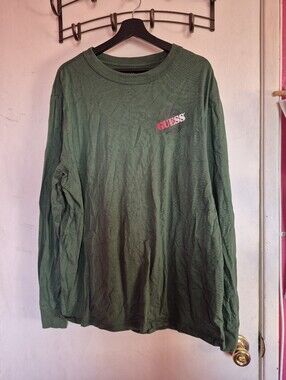 GUESS Men’s Olive Green Long Sleeve Crewneck Shirt with Chest Logo